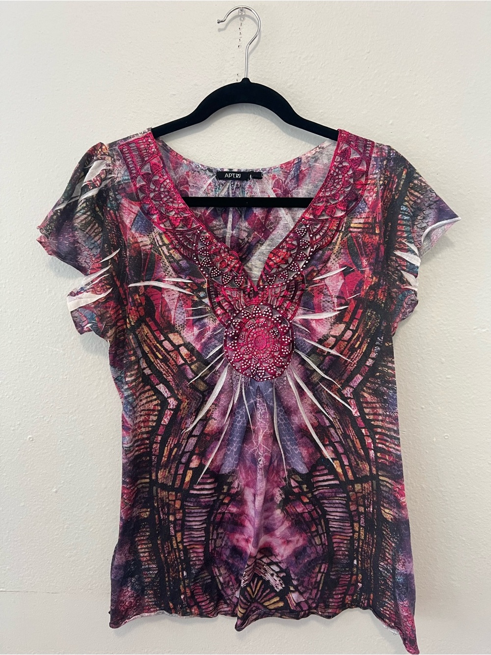 APT 9 Y2K Embellished Abstract Stretch Top XL
